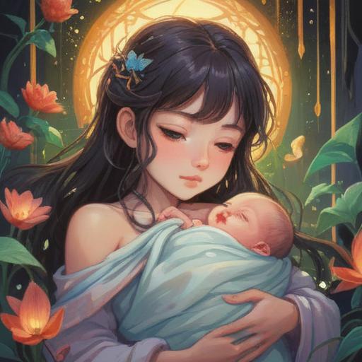 A serene illustration of a fragile newborn, surrounded by soft light and ethereal elements, symbolizing hope and rebirth, delicate features conveying innocence, gentle colors representing spirituality, a peaceful environment with floating symbols of protection and love, soothing atmosphere, 4k