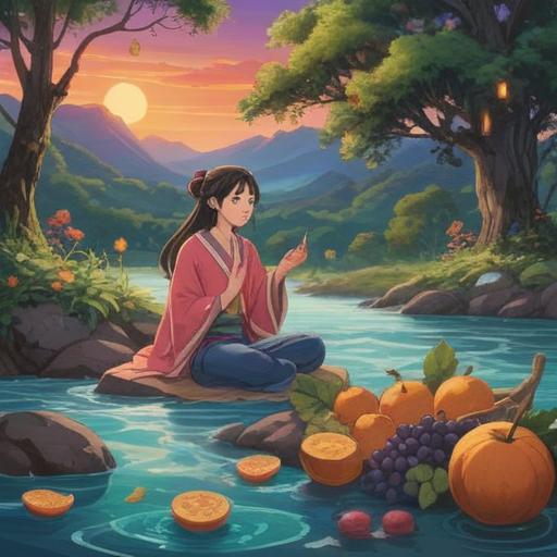 A serene landscape depicting the transformation of flavors, vibrant fruits and herbs in bloom, a peaceful soul meditating near a flowing river, ethereal light surrounding the scene, symbolic representations of spiritual growth, harmonious colors blending together, nature's bounty reflecting inner peace, a sense of enlightenment and awakening, high resolution