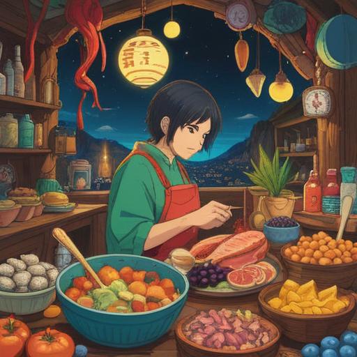 A vibrant and whimsical illustration of a person experiencing an unexpected change in taste, surrounded by a diverse array of lucky foods, bright colors, joyful expressions, magical aura, playful food elements like lucky bamboo and chocolate coins, enchanting setting, 4k