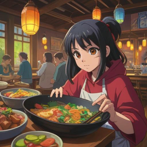 A vibrant culinary adventure, an array of exotic dishes, colorful ingredients, textures that tantalize the senses, people enjoying food together, aromatic herbs and spices, beautifully arranged plates, lively atmosphere of a gourmet festival, diverse cultural influences, 4k