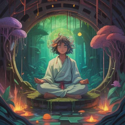 A serene and abstract illustration depicting the spiritual meaning of taste disorders, ethereal colors representing various flavors, a person meditating surrounded by vibrant food symbols fading into the background, symbolic representation of perception and connection to the universe, calming atmosphere, 4k