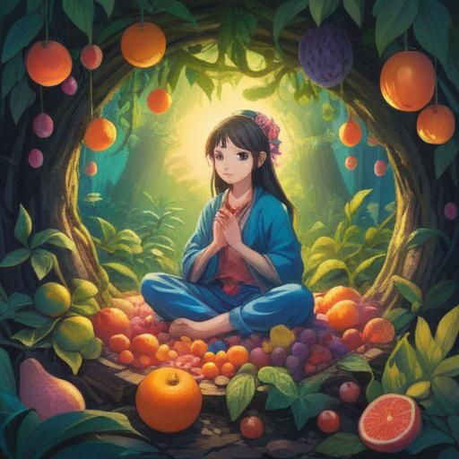 A serene scene depicting the spiritual awakening caused by taste disorders, ethereal light illuminating a calm figure meditating, surrounded by vibrant fruits representing various flavors, gentle aura radiating from the character, soft pastel colors, dreamlike atmosphere, hints of nature and healing energies, 4k