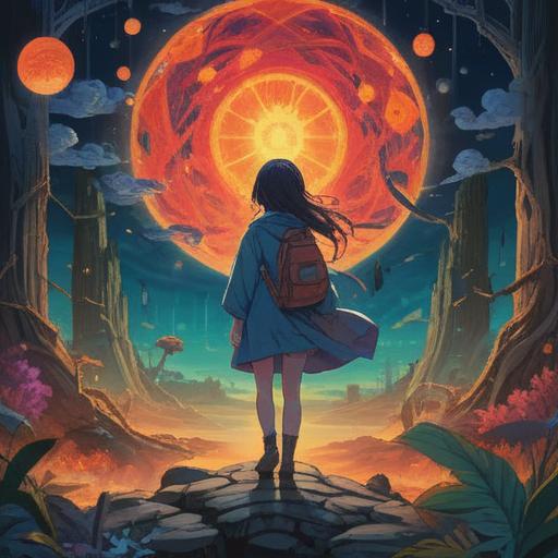 A surreal comic scene, vibrant colors, dreamlike atmosphere, characters embodying spiritual symbols, intertwining fantasy and reality, introspective mood, mystical elements, ethereal landscapes, profound message, thought-provoking imagery, 4k