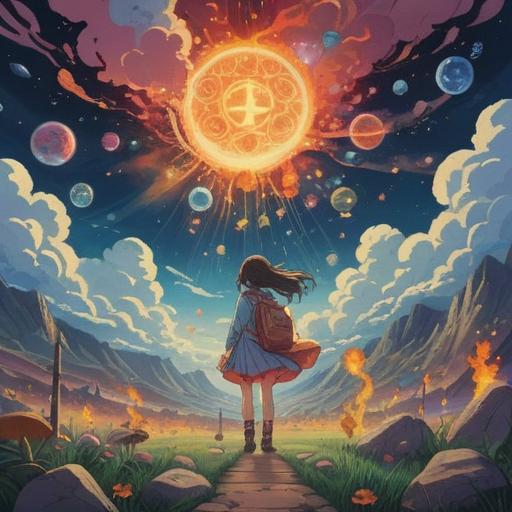 A surreal illustration depicting a dreamlike manga scene, ethereal characters surrounded by glowing symbols, vibrant colors representing spiritual energy, clouds and stars in a mystical night sky, elements of traditional Japanese folklore, subtle hints of dream interpretation, whimsical yet thought-provoking atmosphere, 4k