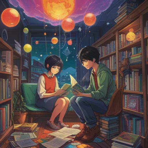 A surreal scene depicting a person reading a comic book, colorful thought bubbles emerging with vibrant illustrations, representing new insights and revelations, a whimsical dreamlike landscape in the background, characters from the comic interacting with the real world, bright and imaginative, 4k