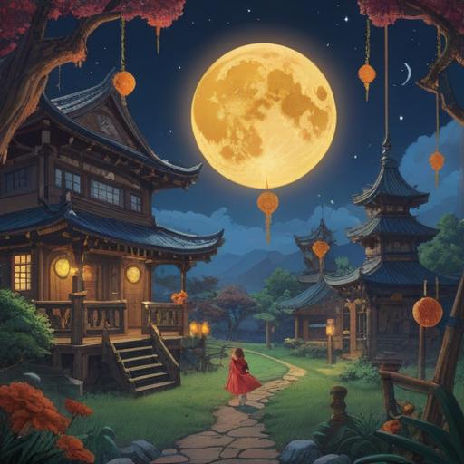 A mystical scene depicting lucky items after a full moon lunar eclipse, shimmering talismans glowing softly in the night, surrounded by a serene landscape under a starry sky, enchanting atmosphere, vibrant colors, symbolic representations of luck, intricate details of each item, 4k