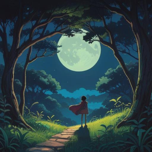 A serene night landscape, a bright full moon partially obscured by a shadow, lush trees silhouette against the moonlight, a figure standing in contemplation, symbolizing new beginnings, soft glow around the moon, calm waters reflecting the scene, peaceful atmosphere, inspiring and hopeful mood, 4k