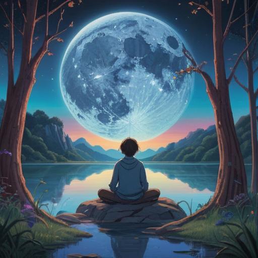 A serene and mystical scene featuring a full moon shining brightly in a starry night sky, a person meditating peacefully under the moonlight, surrounded by ethereal glowing orbs and wisps of light, representing spiritual awakening and dreams, tranquil atmosphere, deep connection with nature, soft and calming colors, enchanting details in the background, 4k