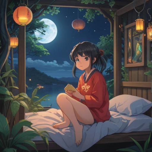 A serene night scene under a full moon, a young person waking up with a smile, surrounded by symbols of good luck such as a four-leaf clover, a lucky cat figurine, a horseshoe, soft silvery light illuminating the room, dreamy atmosphere, whimsical details, 4k