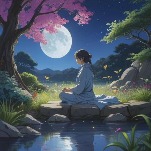 A serene landscape under a full moon, soft blue and silver hues, a figure meditating in a tranquil garden, surrounded by blooming flowers and gentle shadows, reflecting a sense of peace and readiness, ethereal light illuminating the scene, a soft breeze rustling leaves, deep contemplation, dreamlike atmosphere, 4k