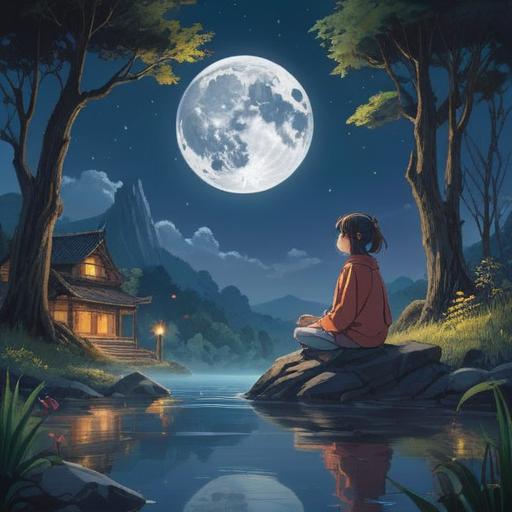 A serene night scene under a full moon, depicting a tranquil landscape, spiritual symbols illuminated by moonlight, a figure meditating in a peaceful setting, surrounded by nature, soft glow creating a mystical ambiance, reflections on calm water, deep connection to the universe, 4k