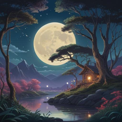 A mystical night scene under a full moon, vibrant moonlight casting ethereal shadows, serene landscape with gently swaying trees, sparkling stars in a clear sky, an aura of tranquility and spiritual energy, symbols of good omens subtly integrated, calm water reflecting the moonlight, harmonious balance of nature, meditative atmosphere, 4k