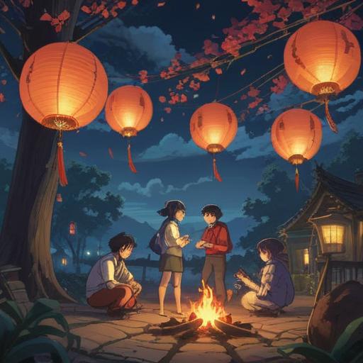 A serene nighttime scene under a full moon, people engaging in lucky activities, releasing lanterns into the sky, gathering around a bonfire, a peaceful forest setting, bright stars twinkling above, uplifting atmosphere, soft glow of the moonlight, harmonious interaction among friends, 4k