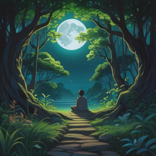 A serene scene of a tranquil night under a full moon, lush green trees silhouetted against the moonlight, a peaceful figure meditating on a grassy hill, soft reflections of the moon on a nearby lake, gentle breeze rustling the leaves, a sense of calm and renewal, starry sky above, soothing ambiance, 4k