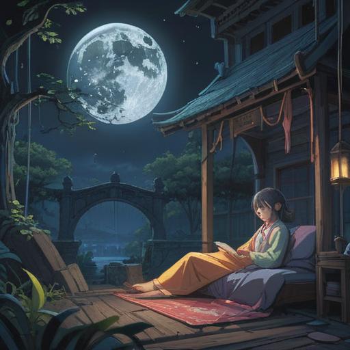 A spiritual illustration depicting the struggle of sleeplessness under a full moon, ethereal ambiance, glowing moonlight casting shadows, a person gazing thoughtfully at the sky, mystical elements surrounding them, subtle hints of anxiety and introspection, serene yet restless atmosphere, dreamlike landscape, 4k