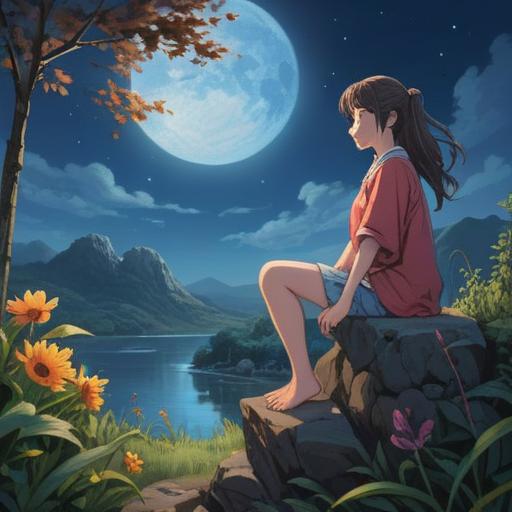 A serene scene under a full moon night, gentle light illuminating a tranquil landscape, a figure gazing at the moon with a contemplative expression, soft shadows and ethereal glow, symbolizing spiritual awakening and guidance, lush greenery surrounding, reflecting a sense of peace and connection to the universe, 4k