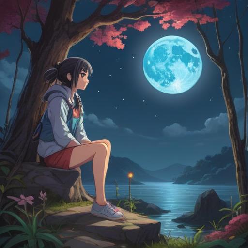 A serene night scene under a full moon, soft silver light illuminating a restless figure, the character gazing at the moon with a contemplative expression, subtle ethereal signs in the air, such as shimmering symbols and faint glowing orbs, a tranquil yet mysterious atmosphere, nature surrounding the character with gentle shadows, 4k