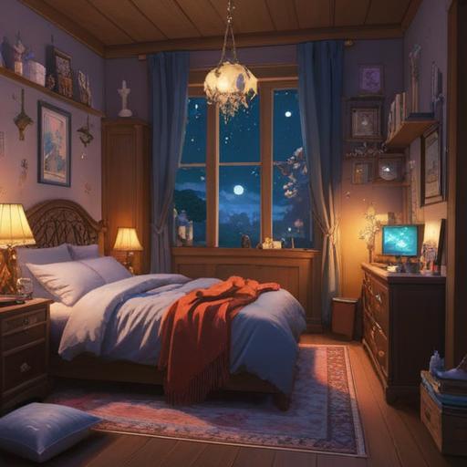 A serene night scene under a full moon, gentle glow illuminating a cozy bedroom, lucky crystals scattered on a bedside table, soft bedding creating a comforting atmosphere, calming colors of blues and silvers, magical ambiance, ethereal light reflecting off the crystals, peace and tranquility enveloping the space, 4k