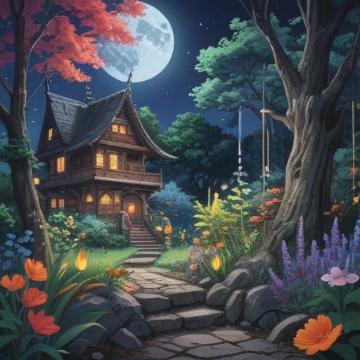 A serene nighttime scene under a full moon, glistening crystals reflecting moonlight, tranquil garden setting, crystal arrangements enhancing the magical ambiance, soft shadows cast by the moon, gentle breeze rustling leaves, peaceful atmosphere, enchanting visual harmony, 4k