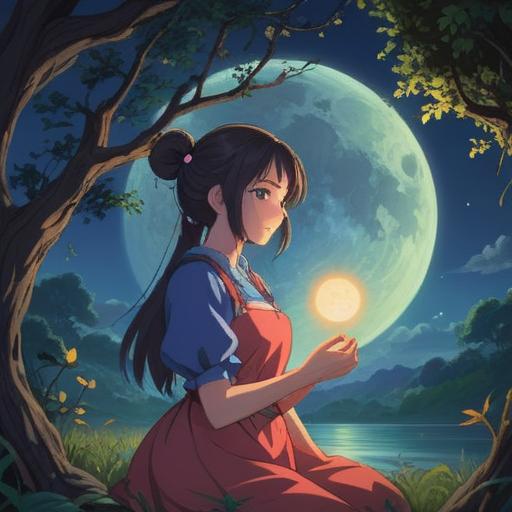A tranquil scene depicting a person under a full moon, serene expression, surrounded by gentle glowing light, ethereal ambiance, the influence of lunar energy, soft shadows revealing the night sky, symbolism of spirituality and dreams, nature elements enhancing the mood, peaceful surroundings, reflective pose, harmony with the cosmos, deep connection to inner self, 4k