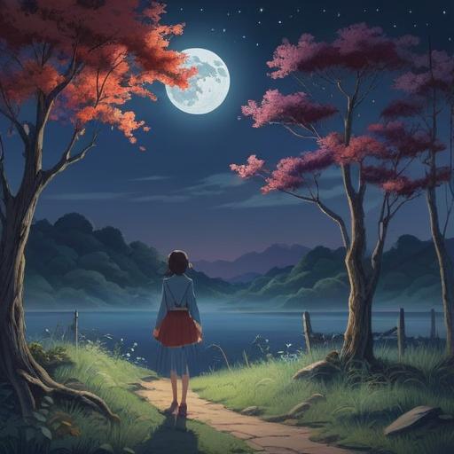 A mystical scene depicting a serene nighttime landscape under a full moon, ethereal light illuminating the surroundings, a tranquil figure resting peacefully, luminous orbs floating in the air as spiritual symbols, gentle reflections on calm water, peaceful energy, enchanting nature elements, deep connection to the cosmos, 4k