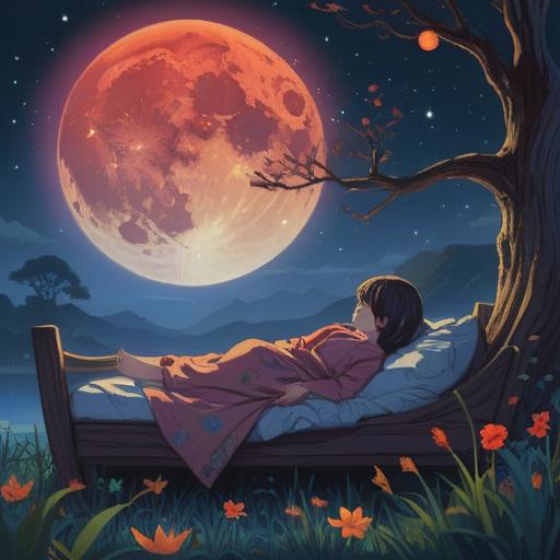 A serene night scene with a full moon glowing brightly in the sky, a silhouette of a person peacefully sleeping under its light, subtle signs of spiritual awakening around, ethereal shadows casting mystical patterns, soft illumination emphasizing tranquility, dreamlike atmosphere, 4k