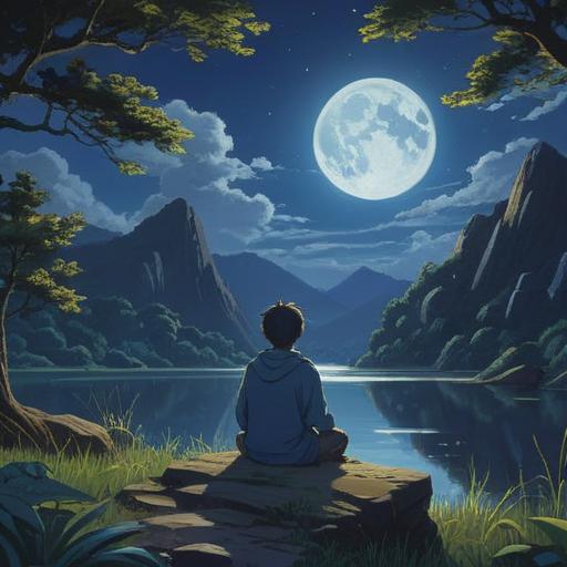 A serene nighttime landscape, full moon glowing brightly in the sky, a person meditating peacefully under the moonlight, surrounded by shimmering stars, gentle breeze rustling leaves, ethereal energy radiating from the moon, symbols of good fortune and positive change, tranquil atmosphere, harmonious connection with nature, vibrant colors, 4k