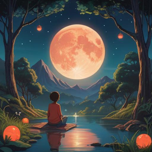 A serene night scene under a bright full moon, a person meditating peacefully, surrounded by glowing orbs of energy, lush nature all around, calming atmosphere, stars twinkling in the sky, embodying tranquility and focus, soft ethereal lighting, balanced mind, 4k