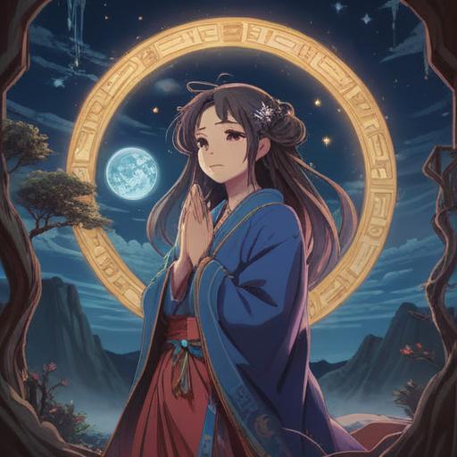 A serene night scene under a full moon, a figure holding their head in pain, ethereal aura surrounding them, symbols of spirituality like chakras and energy flow depicted in the background, deep blue and silver colors, mystical ambiance, contrast between serenity of moonlight and struggle of the figure, 4k