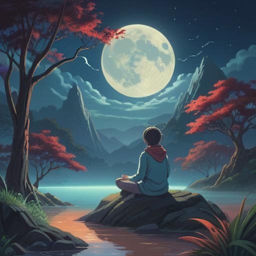 A serene night scene under a full moon, ethereal light illuminating a peaceful landscape, a person meditating with a gentle expression, surrounded by nature, mystical symbols in the air representing spiritual insight, a sense of tranquility and enlightenment, soft glow around the moon, harmonious colors, calming atmosphere, 4k