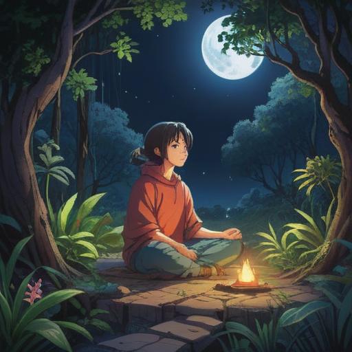 A serene night scene under a full moon, a person meditating with a gentle smile, surrounded by glowing herbal plants, soothing light illuminating their face, peaceful atmosphere, magical sparkle effects, tranquility and relief in the air, 4k