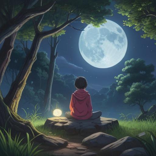 A serene landscape under a full moon, a person meditating peacefully, surrounded by nature, soft glowing light illuminating the scene, gentle breeze rustling leaves, feeling of tranquility and introspection, night sky filled with stars, symbolic representation of inner readiness and reflection, 4k