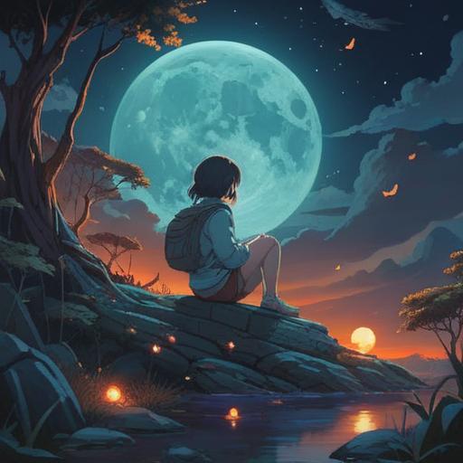A mystical scene depicting a full moon illuminating a tranquil landscape, a figure sitting peacefully under the moonlight, surrounded by glowing aura, representing healing and spiritual energy, serene atmosphere, gentle breeze rustling leaves, stars twinkling in the clear night sky, deep connection to nature, reflective mood, 4k