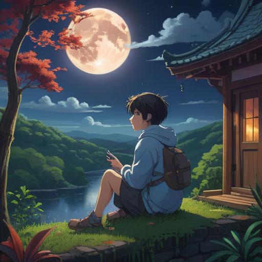 A serene night scene, a large full moon illuminating the sky, a person sitting under the moonlight looking thoughtful, subtle aura around them representing spiritual awareness, celestial elements in the background, soft whispers of nature, sense of tranquility, 4k