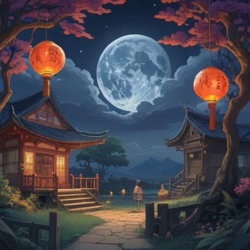 A serene nighttime scene under a full moon, a character holding a lucky charm, symbols of good fortune surrounding them, starry sky, gentle moonlight illuminating the setting, a sense of hope and resilience, natural elements reflecting tranquility, 4k