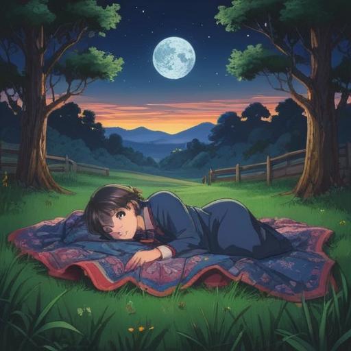 A serene moonlit night, a cozy blanket spread out on soft grass, twinkling stars in the clear sky, a gentle breeze rustling leaves, fireflies dancing around, a small table with tea and pastries, peaceful ambiance, nature's tranquility, relaxation and comfort, 4k