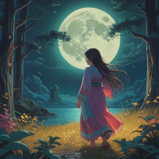 A mystical night scene featuring a full moon, symbolic representations of femininity and cycles, ethereal atmosphere, intricate details of nature, serene facial expressions of women meditating, vibrant flora illuminated by moonlight, spiritual connection to the lunar energy, harmony and balance, 4k