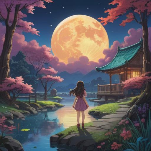 A serene night scene featuring a full moon illuminating a tranquil landscape, symbolic elements representing menstrual cycles like blooming flowers and flowing water, ethereal glow surrounding the moon, connection to nature and spirituality, harmonious balance between body and cosmos, dreamlike atmosphere, 4k
