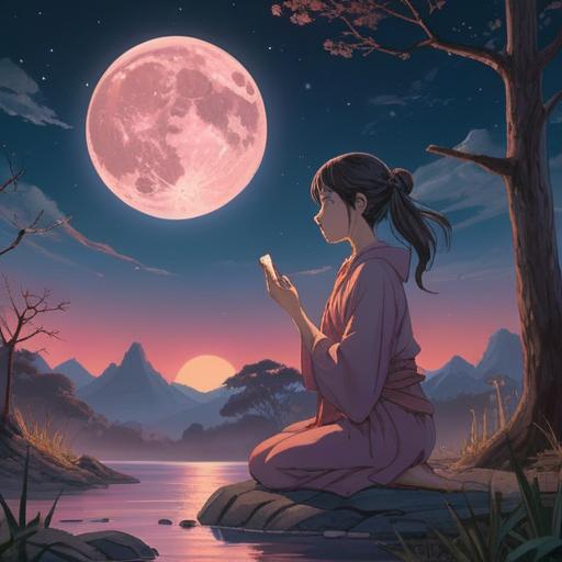 A serene night scene under a full moon, ethereal glow, silhouettes of women meditating, celestial symbols in the sky, vibrant energy waves, spiritual connections, tranquil forest setting, mystical aura, 4k