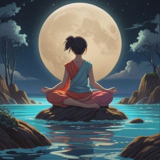 Peaceful moonlit night, a serene figure meditating under a full moon, surrounded by gentle waves of light, soft glowing orbs representing mental clarity, tranquil nature elements like trees and a calm lake, soothing colors, harmonious atmosphere, emphasizing mindfulness and emotional balance, ethereal imagery, 4k