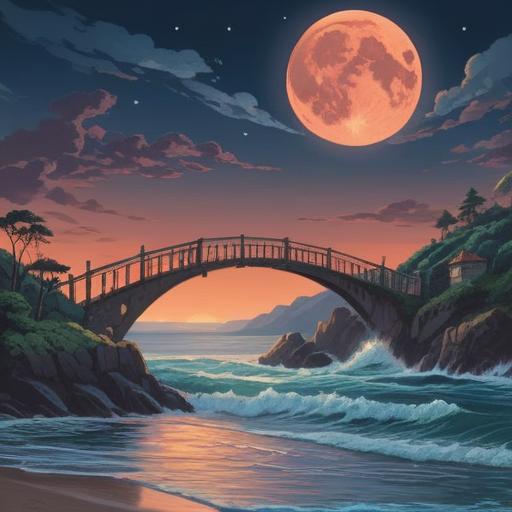 A serene and mystical scene featuring a full moon reflecting on a tranquil ocean, intricate wave patterns capturing the moonlight, a bridge between the earthly and spiritual realms, ethereal clouds softly illuminated, a sense of peace and harmony in the atmosphere, shimmering waters evoking tranquility, enchanting colors blending together, 4k