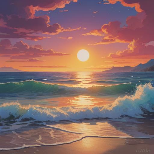 A serene sunset over a calm ocean, a vibrant full moon rising in the sky, gentle waves reflecting the moonlight, a sense of tranquility and spiritual connection, soft clouds illuminated by the moon, peaceful harmony between nature and the cosmos, 4k