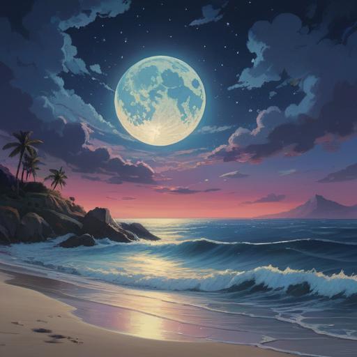 Moonlit ocean waves crashing gently on the shore, a bright full moon illuminating the night sky, mystical reflections on the water, ethereal light creating an aura of spirituality, subtle shimmering patterns suggesting hidden messages, tranquil atmosphere, deep blue hues, serene scene inviting contemplation, 4k