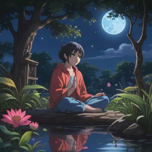 A serene night scene under a full moon, glowing softly in the sky, a figure meditating in a tranquil garden, surrounded by blooming flowers and gentle shimmering lights, symbols of good fortune scattered around, peaceful and hopeful atmosphere, ethereal glow illuminating the surroundings, 4k