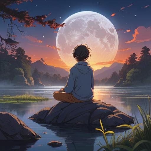 A serene night scene under a full moon, gentle beams of moonlight illuminating a tranquil landscape, a person meditating with hands raised towards the moon, symbols of luck subtly integrated into the environment, lush greenery and a clear starry sky, the atmosphere radiating positive energy, mystical elements surrounding the figure, harmonious and peaceful vibe, 4k
