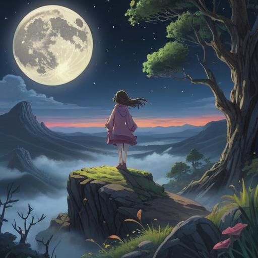 A spiritual scene featuring a full moon illuminating a serene landscape, swirling mist and stars in the night sky, a figure experiencing dizziness, ethereal glow surrounding the figure, deep reflections in their eyes, connection to the universe, mystical energy flowing, tranquil atmosphere, dreamlike quality, 4k