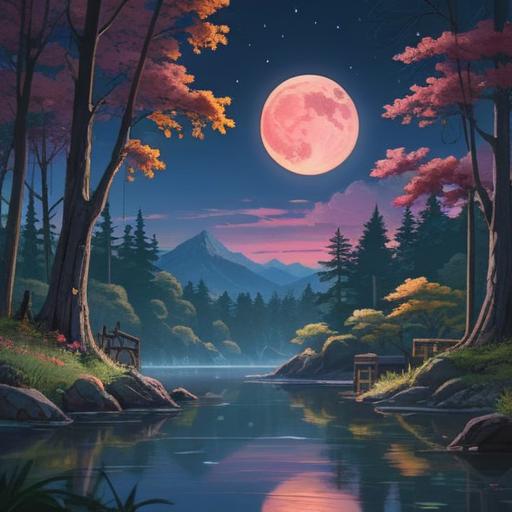 A serene landscape under a full moon, illuminating a tranquil night sky, ethereal glow, peaceful forest surroundings, gentle rippling water reflecting moonlight, spiritual symbols subtly integrated in the scene, calming atmosphere, sense of wonder and enlightenment, vibrant colors, mystical details, 4k