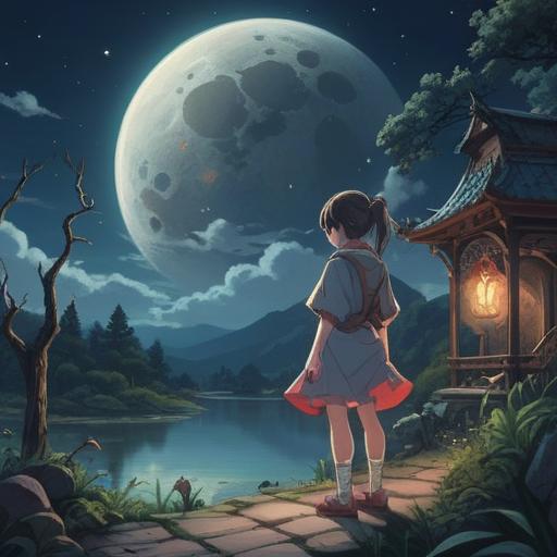 A serene night scene under a full moon, a figure holding a symbolic item representing hope, soft glow of moonlight illuminating the surroundings, tranquil atmosphere, reflections on water, subtle hints of nature around, gentle breeze moving through trees, 4k