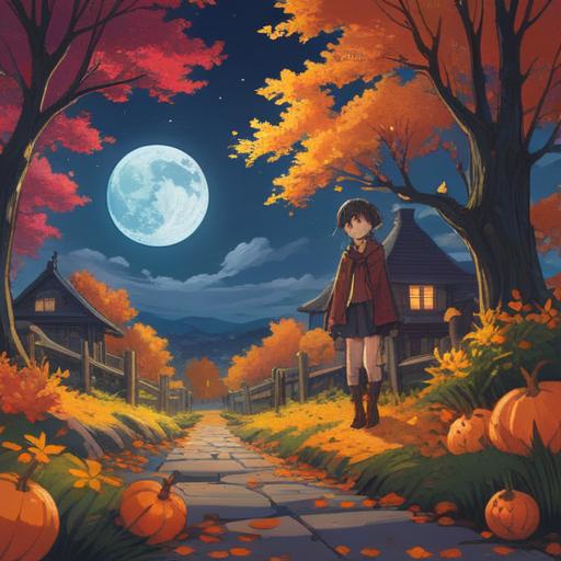 A serene night scene featuring a bright full moon, symbolic September elements such as autumn leaves, gentle breezes, and spiritual motifs, tranquil atmosphere, mystical glow, soft shadows, deep blue and gold contrasts, depicting introspection and transformation, 4k