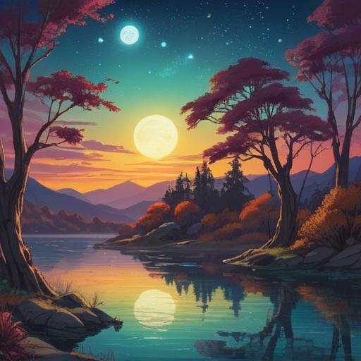 A mystical landscape under a full moon in September, vibrant night sky filled with stars, ethereal glow reflecting on a serene lake, silhouettes of ancient trees surrounding the scene, symbolic spiritual signs subtly integrated into the environment, a feeling of tranquility and connection to nature, enchanting atmosphere, 4k
